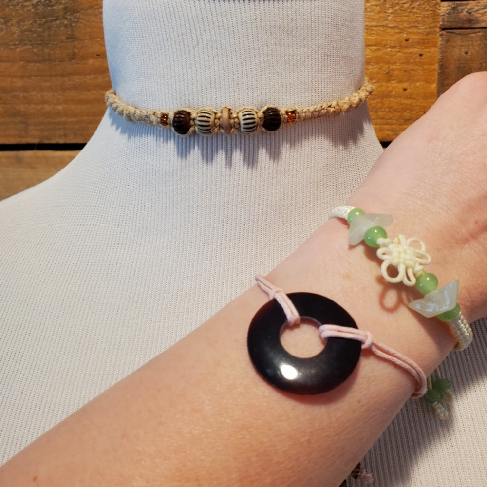Vintage 1990s set of 2 corded bracelets & 1 hemp choker